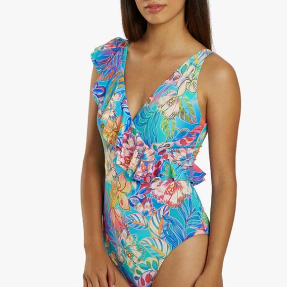 Johnny Was Helena Ruffle Wrap One Piece Floral Print Swimsuit M $228 - Picture 2 of 5